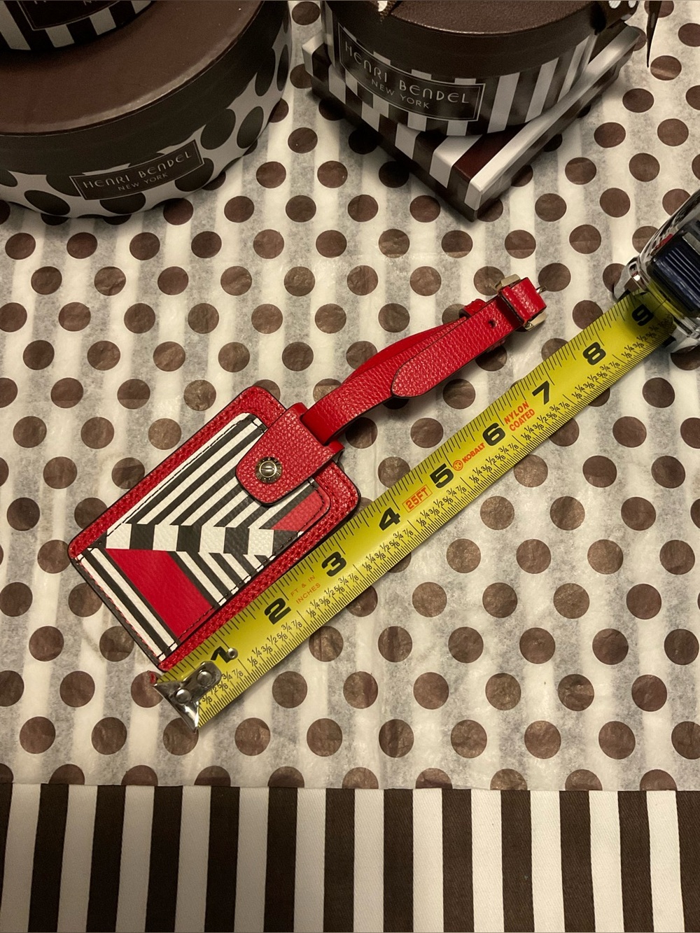 Henri Bendel West 57th Blocked Pattern Bag/Luggage Tag Red w Centennial Stripes - Picture 10 of 12